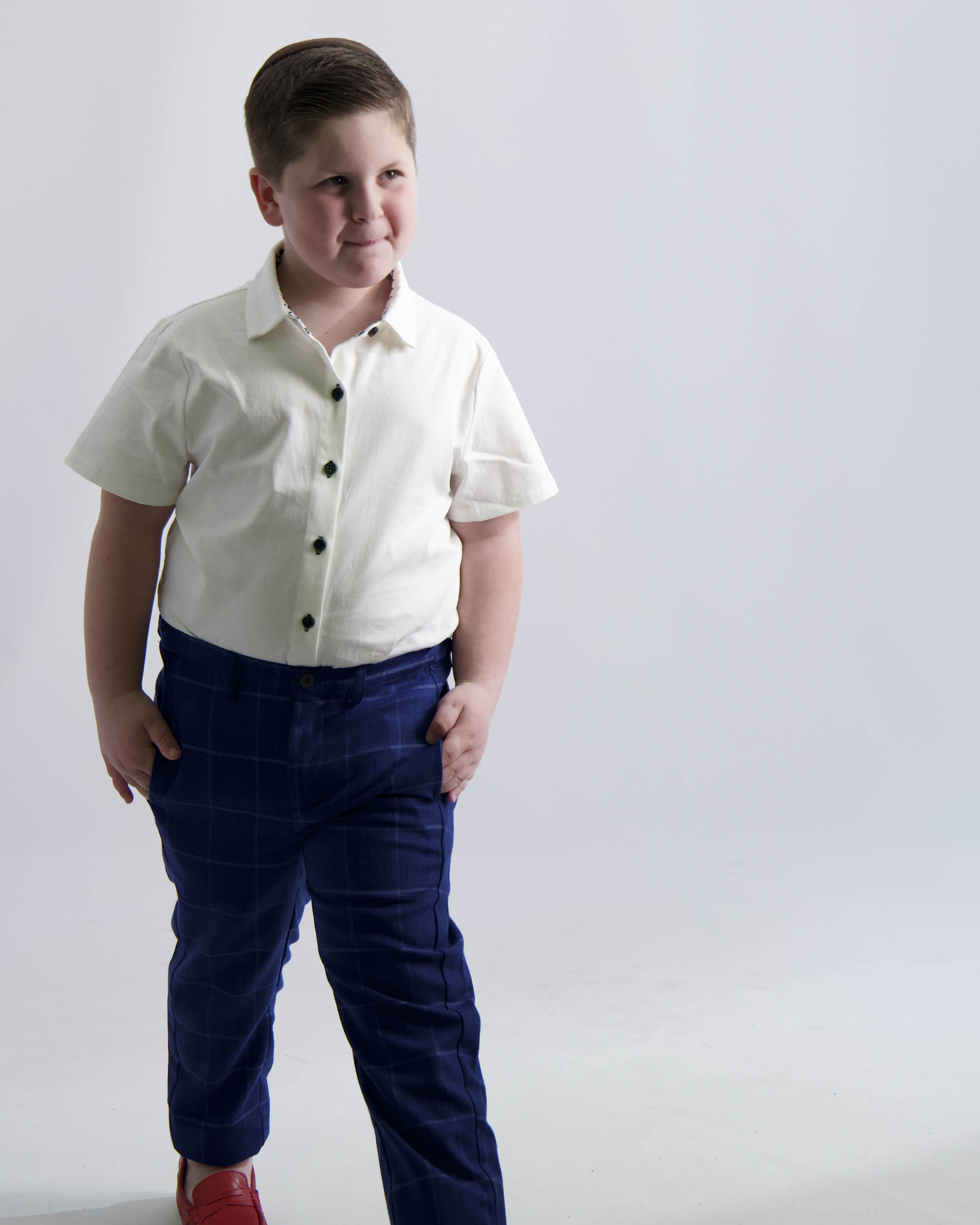 Black Buttons Short Sleeve Dress Shirt with Houndstooth Contrast