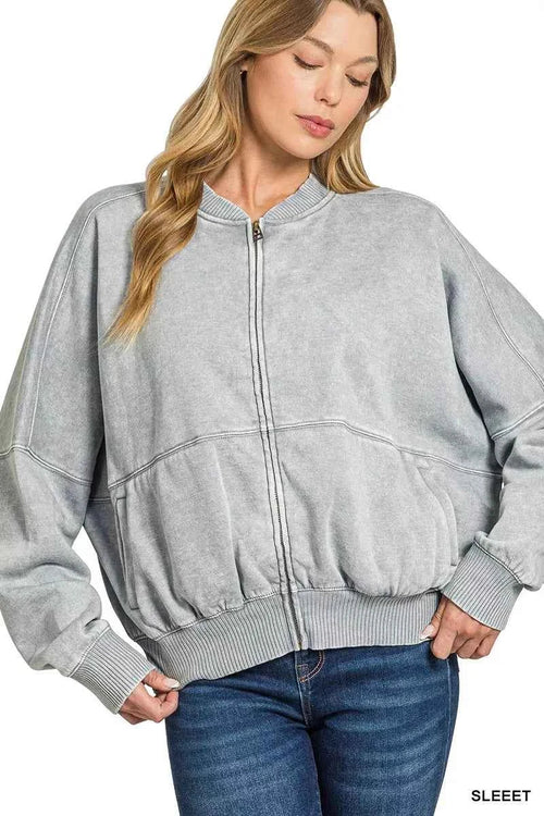 Acid Wash Fleece Bomber Jacket