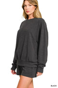Slub Long Sleeve Top and Shorts Set in Black